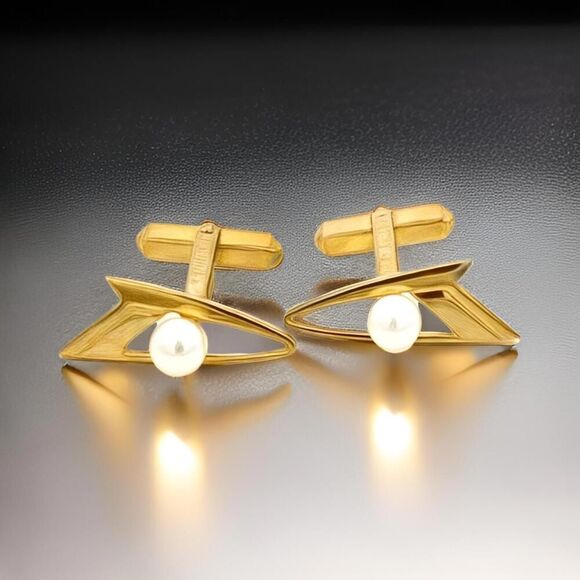 Mikimoto Estate Akoya Pearl Cufflinks Overlay 14k Gold 6 mm M419 - Picture 7 of 11